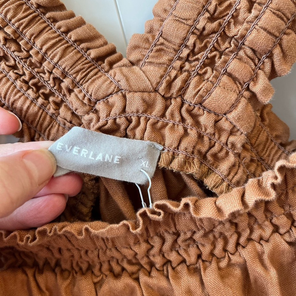Everlane The Smocked Linen Mini Dress Rust Light Brown Sleeveless Relaxed Fit XL - Picture 5 of 11